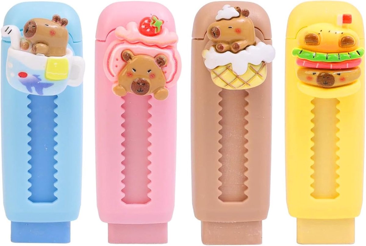 Thijox - 4 Stuks Intrekbare Capybara Radiërgums voor Kinderen, Uittrekbare Gummen met Push-Pull Mechanisme, Leuke Kantoorartikelen Set in 4 Kleuren vo