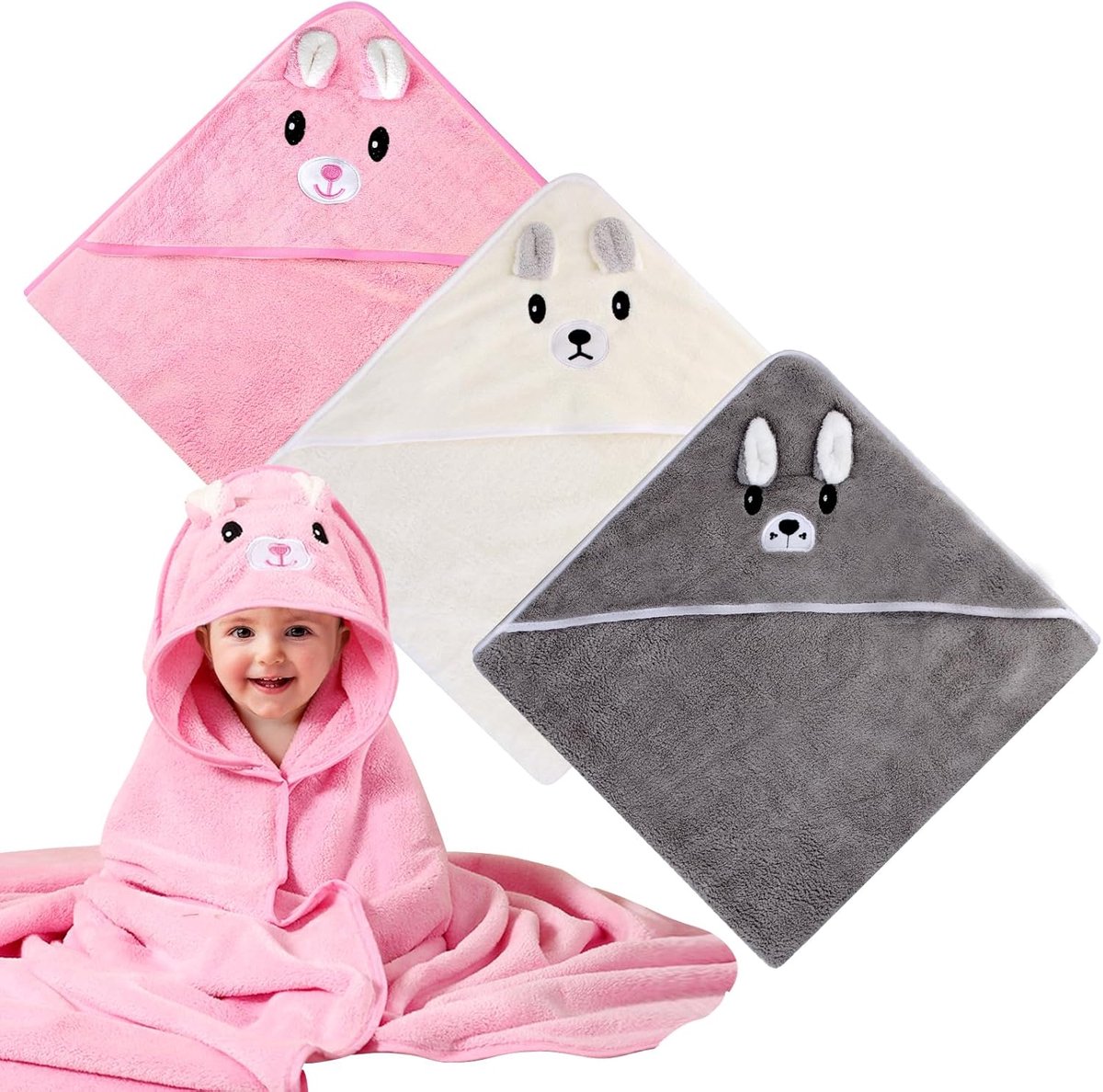 SnelShoppen - Baby Handdoek met Kap - 3 Stuks - Super Absorberende Zachte Badhanddoek voor Baby's - 80 x 80 cm - Schattige Patroon - Ideaal voor Bad e