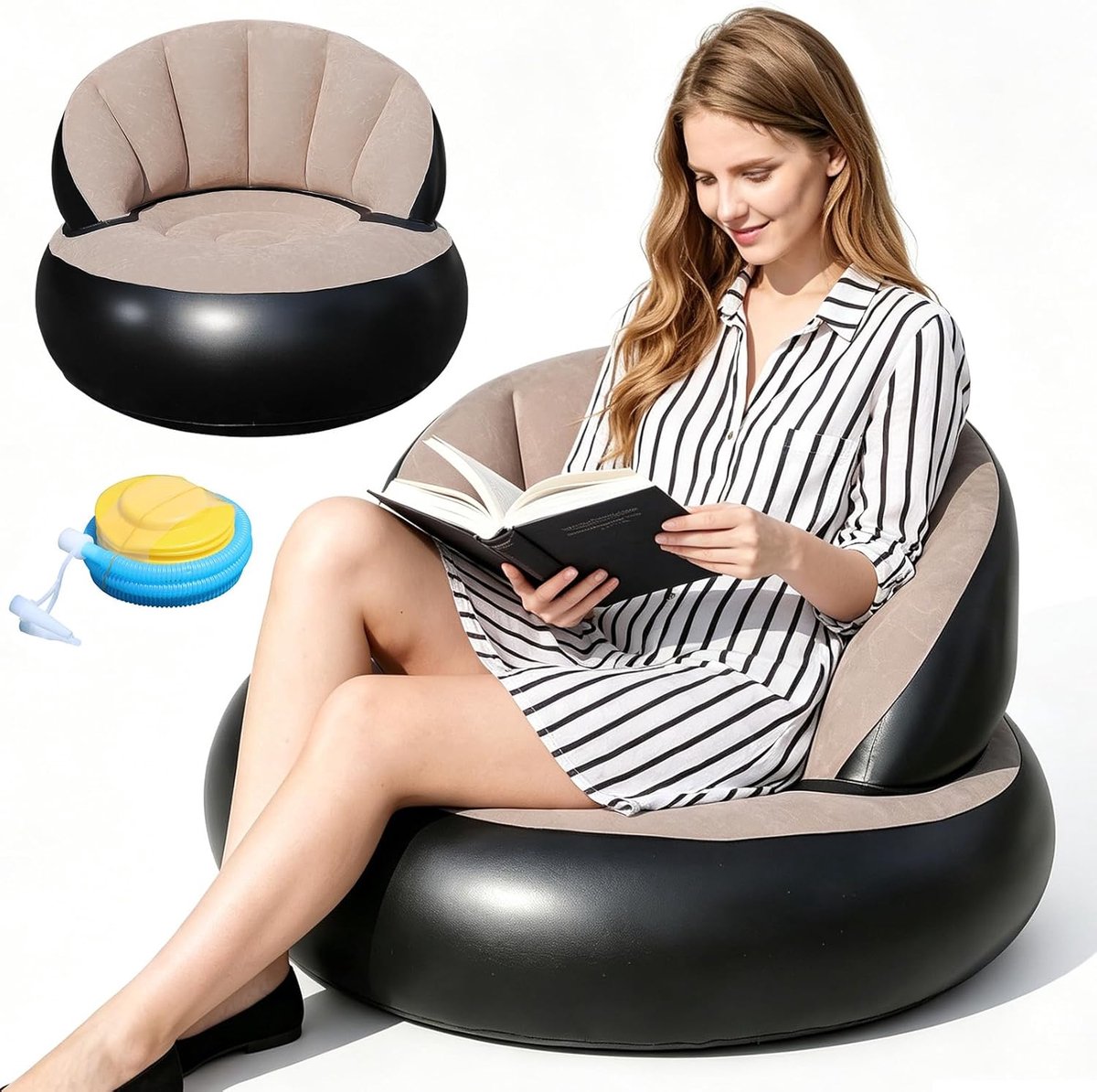 SnelShoppen - Inflatable Sofa - Comfortabele Opblaasbare Fauteuil met Luchtpomp - Zachte Velours Oppervlak - Perfect voor Woonkamer, Slaapkamer, Campi