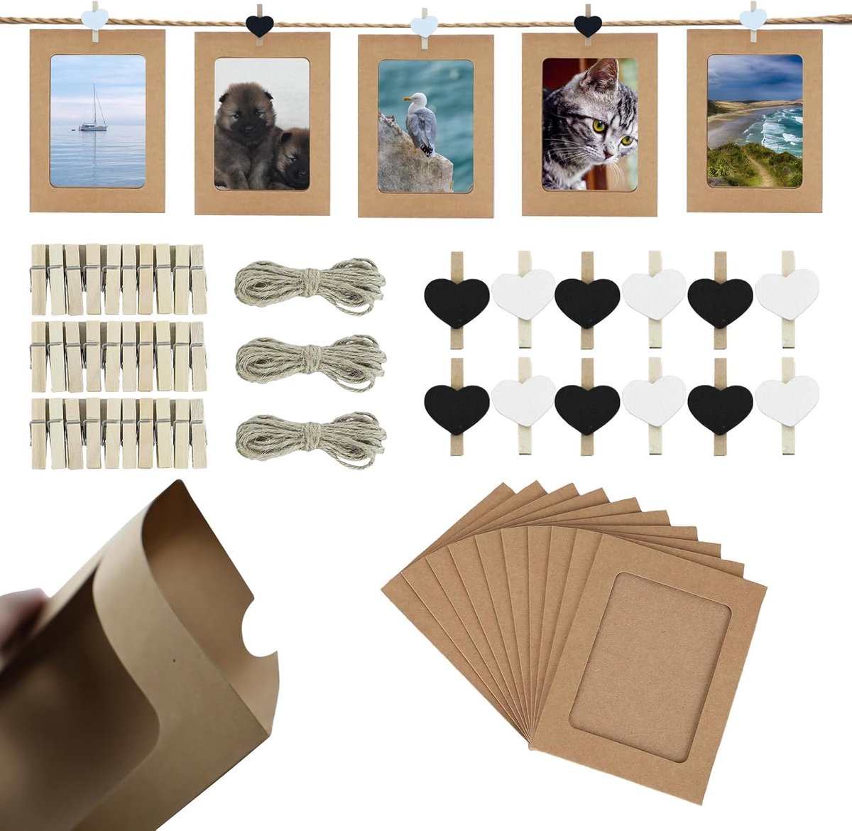 SnelShoppen - 30 Stuks Kraft Papier Fotolijsten met 30 Mini Houten Clips - 10 x 15 cm Cardboard Fotoframes voor Wanddecoratie Thuis, Feest en Kantoor