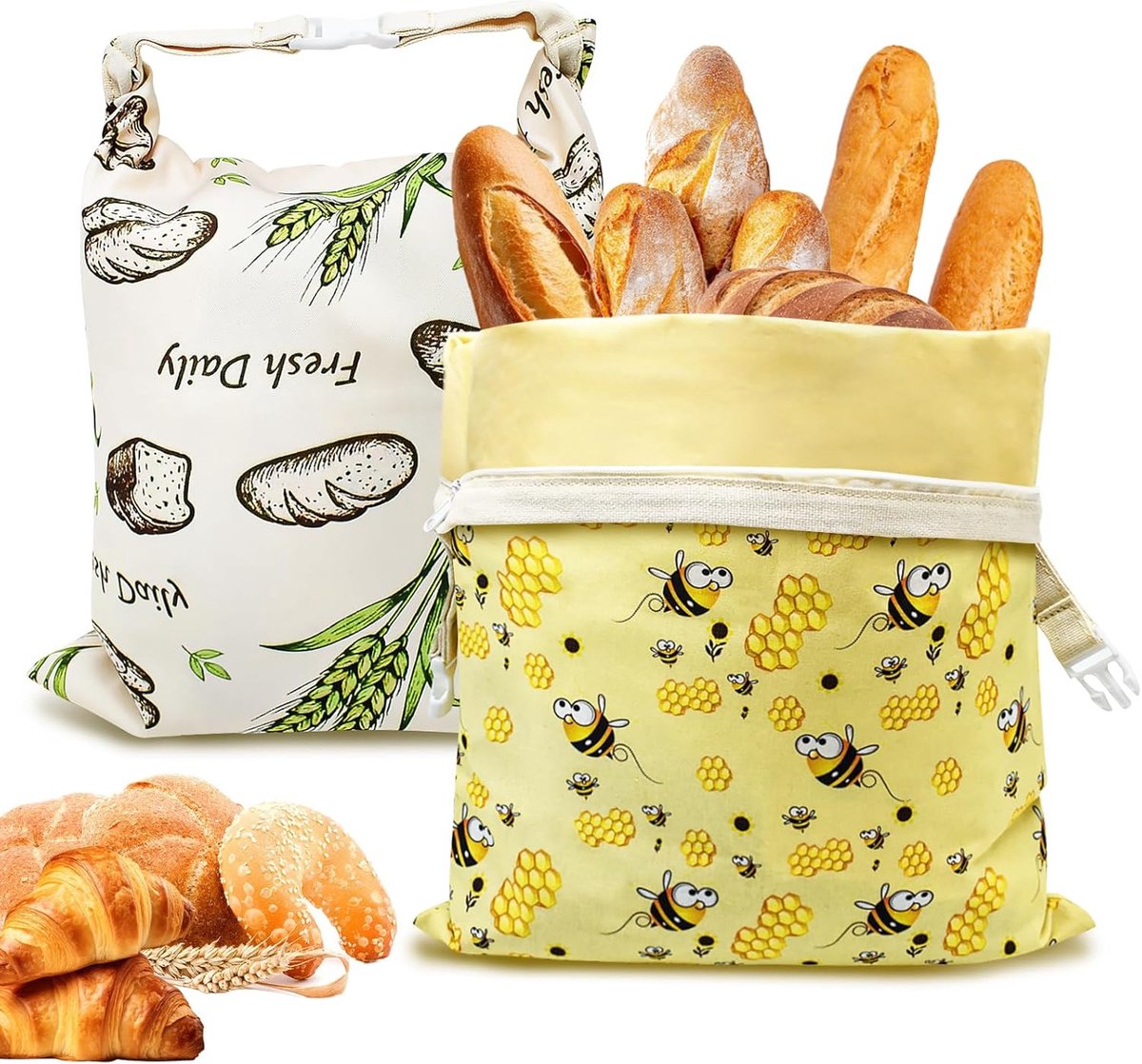 SnelShoppen - Set van 2 Herbruikbare Bijenwas Broodzakken 32 x 42 cm, Katoen met Rits en Carabiner, Ideaal voor Baguettes en Gebak in Keuken of Campin
