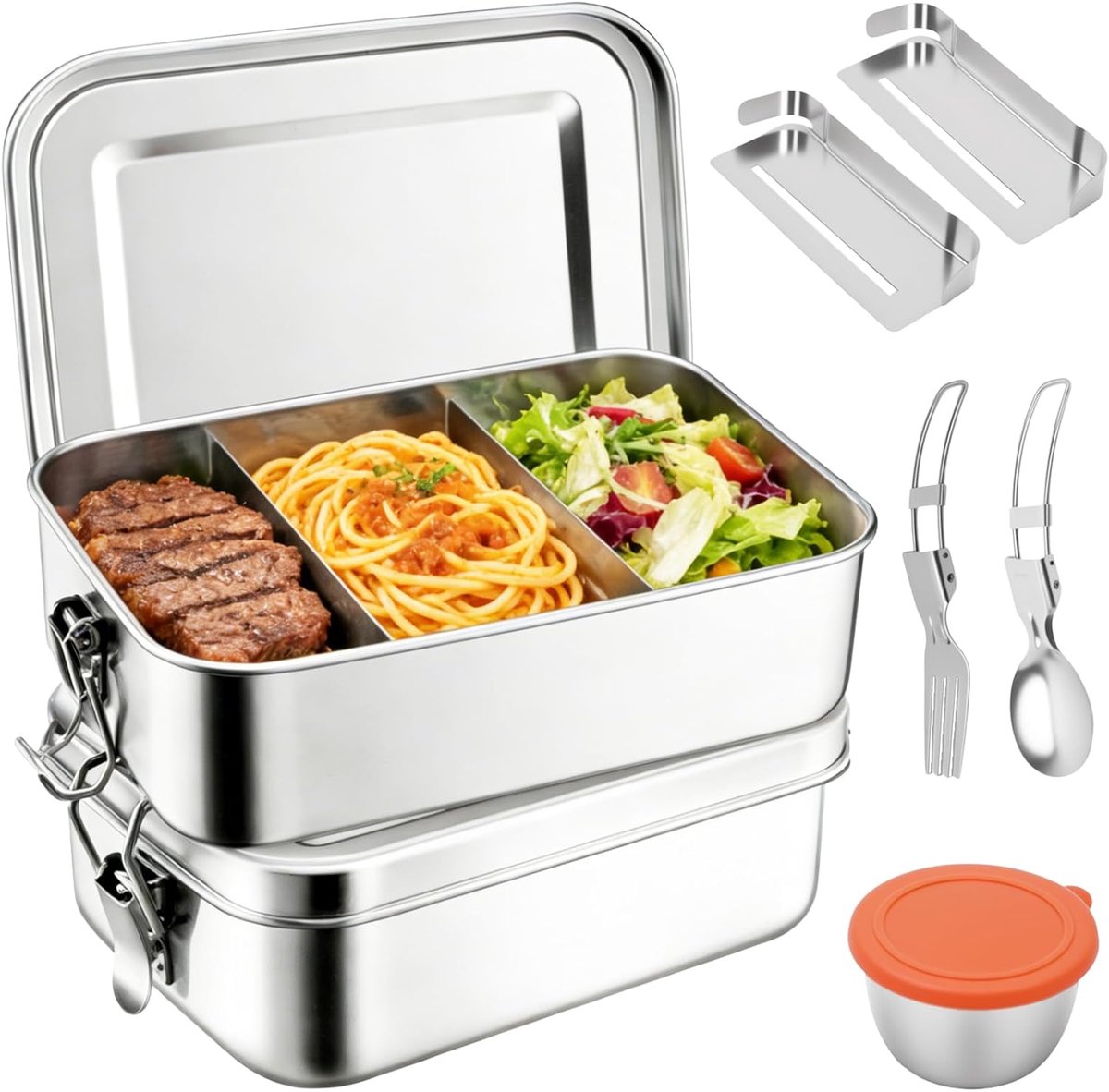 Thijox - 2 Stuks Roestvrijstalen Lunchbox met Vakken en Bestek - 1400 ml Grote Bento-Lunchbox voor Volwassenen en Kinderen - Lekvrije Lunchbox met Afn