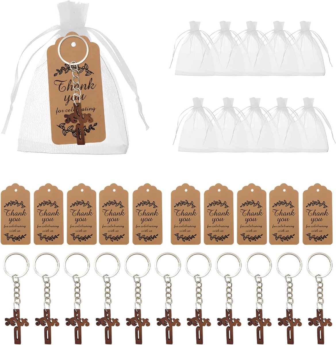 Thijox - Set van 10 Houten Kruishangers Sleutelhangers Geluksbrengers voor Doop, Vormsel, Communie, Bruiloft, Eerste Communie, Afscheids- en Feestcade