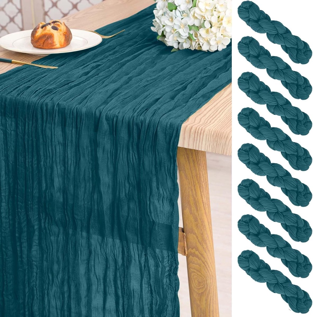 SnelShoppen - Pack van 8 Donker Petrol Cheesecloth Tafelrokken 3m Lang - Rustic Boho Tafelrunner voor Bruiloft, Babyshower, Feest, Decoratie