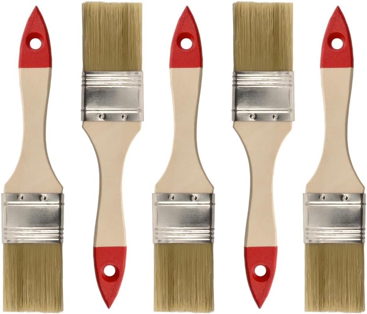 SnelShoppen - 5-Delige Plat Penseel Set 1.5" (ca. 38mm) met Synthetische Lichte Haren, Natuurlijk Houten Handvat, Voor Verf, Beits en Vernis - Voor Ho