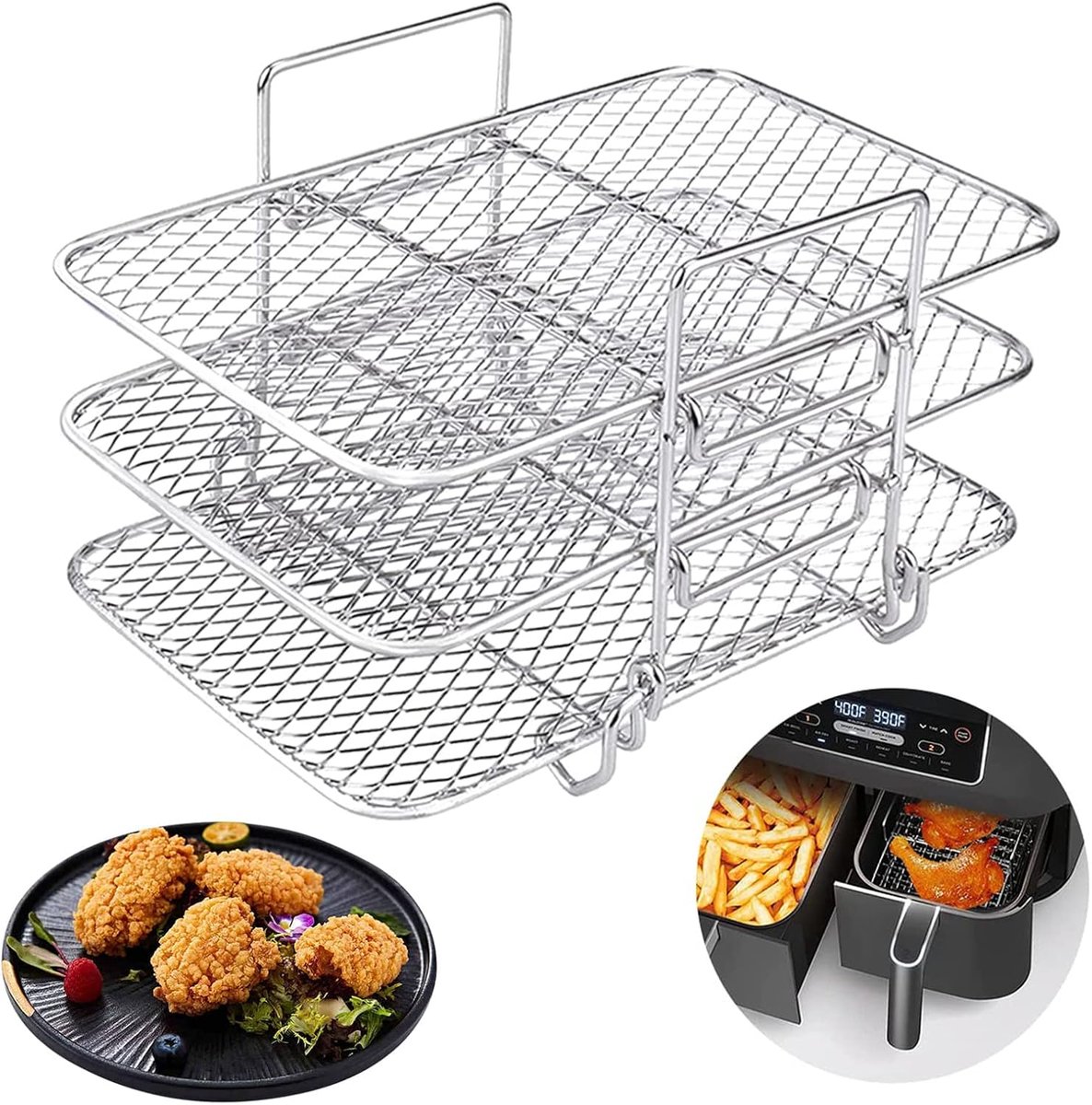 SnelShoppen - Air Fryer Rack Drie Laags Stapelontwerp, Gelamineerd RVS, Geschikt voor Air Fryer, Grillrooster voor Ninja Dual Zone Air Fryer