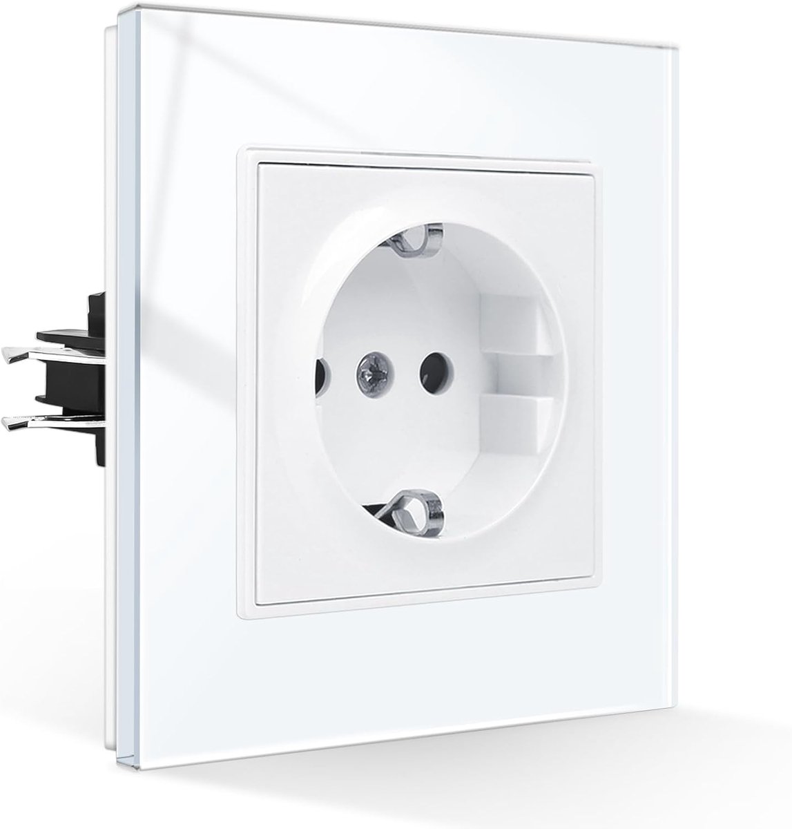 SnelShoppen - Schuko Wandcontactdoos met Plug-in Klem, Enkelvoudige Aansluiting, 16 Amp, Tempered Glas, Wit, 86 mm, Veilig voor Huishoudelijke Apparat