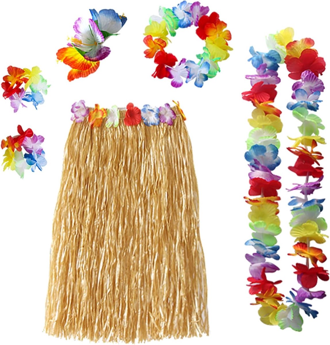 6-delige Hula Rok Kostuum voor Hawaiian Party met Grasrok, Hawaii Leis en Hibiscus Haarclip voor Zomer Strand en Tropische Feestdecoratie