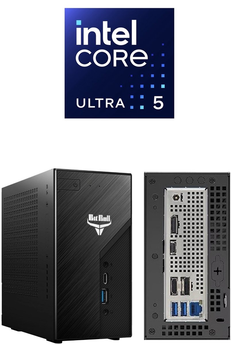 BitBull All in one Mini PC met 24" monitor|Intel Core Ultra 5|32GB DDR5 RAM|4TB SSD|INCLUSIEF MS OFFICE 2024|18-Core 250K|WIFI 6E|BT 5.4|LAN 2.5|USB Gen 2x2|Thunderbolt 4|4 Monitoren Support