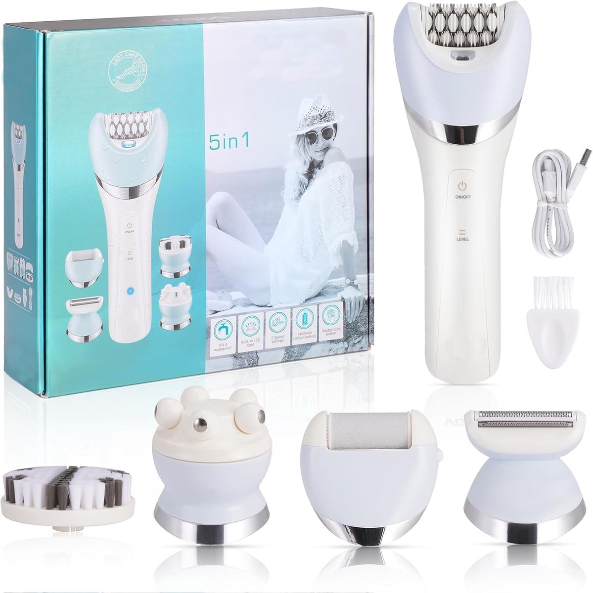 Thijox - 5-in-1 Elektrische Epilator voor Dames, Draadloos Scheerapparaat, Nat en Droog Gebruik, Trimmer, Peeling en Reiniging, Wit/Blauw, USB Oplaadb