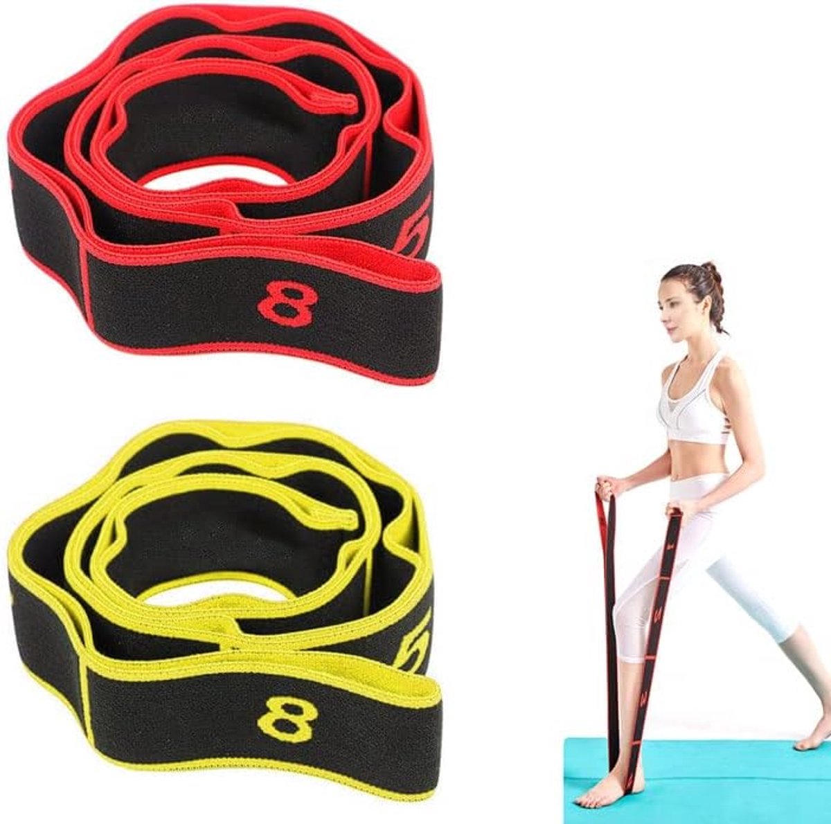 SnelShoppen - Pack van 2 Fitness Bands met Lussen, Gymnastiekband, Elastische Trainingsband | Fitness, Yoga, Stretchband met 8 Lussen, Wasbaar, Hoog E
