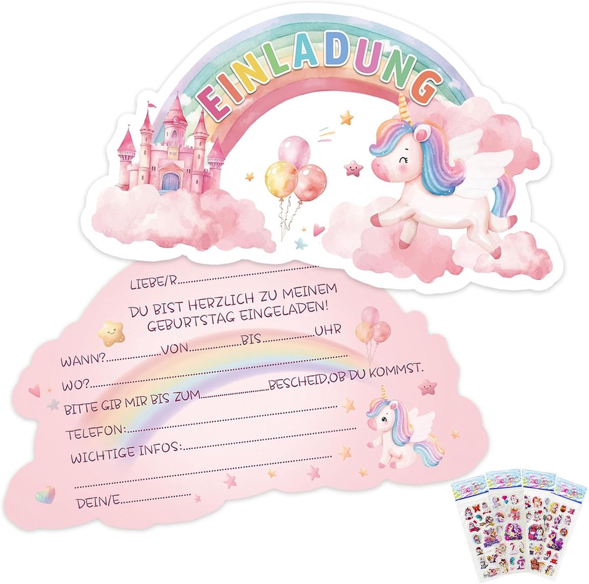 SnelShoppen - Regenboog Unicorn Verjaardagsuitnodigingen Kaarten Set voor Kinderen - 12 Unieke Uitnodigingen met 3D Stickers - Perfect voor Feestjes,