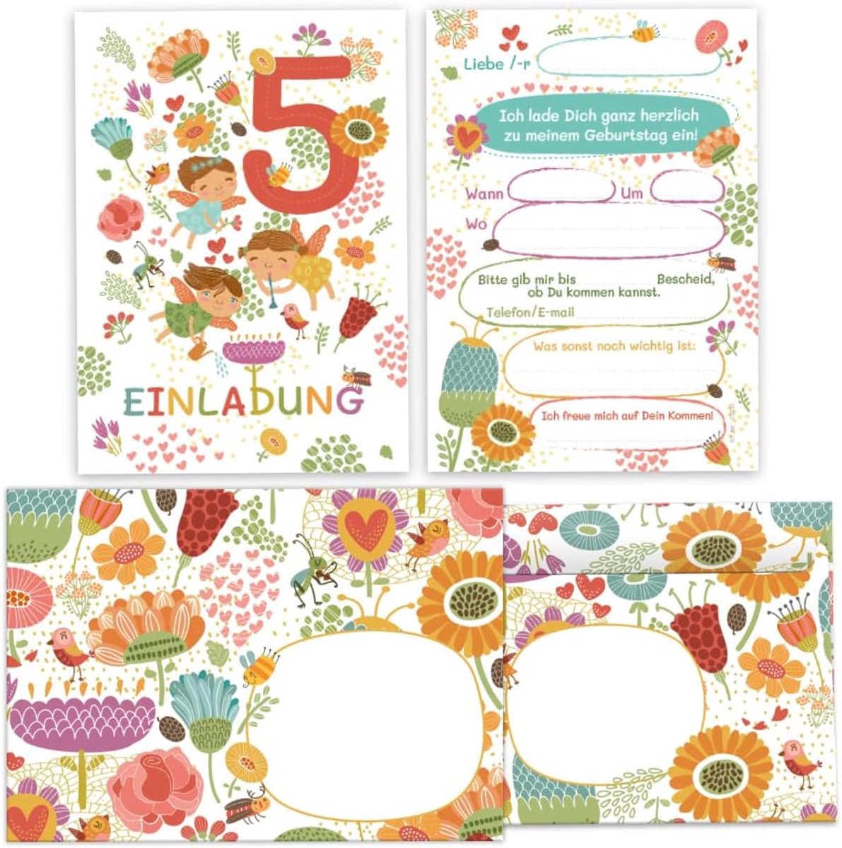 SnelShoppen - 12 Uitnodigingskaarten + Enveloppen voor 5e Verjaardag Meisje - Fee Thema - Perfect voor Kinderfeestje - 300 g/m² - Zelfklevend