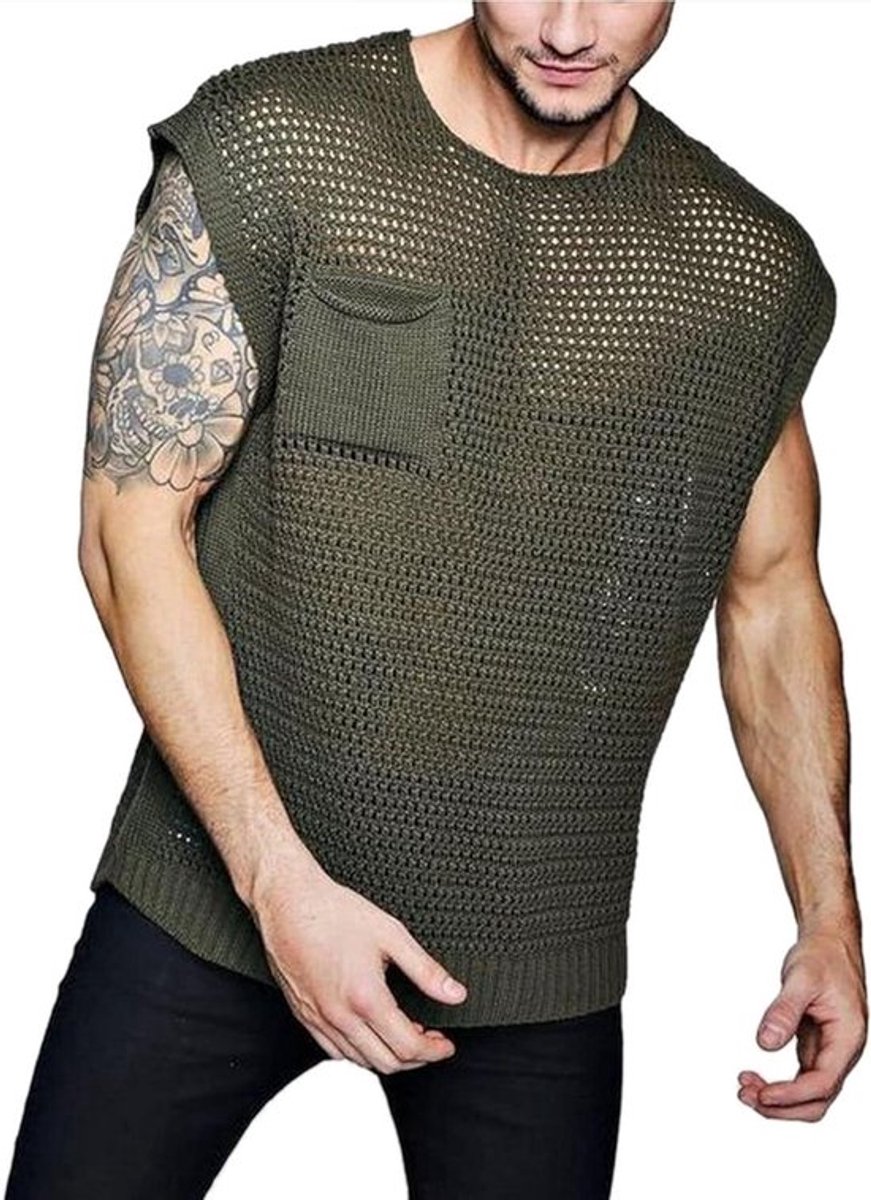 Transparante Mesh Mouwloos Fitness Singlet voor Heren in XXL Groen - Ademend en Comfortabel