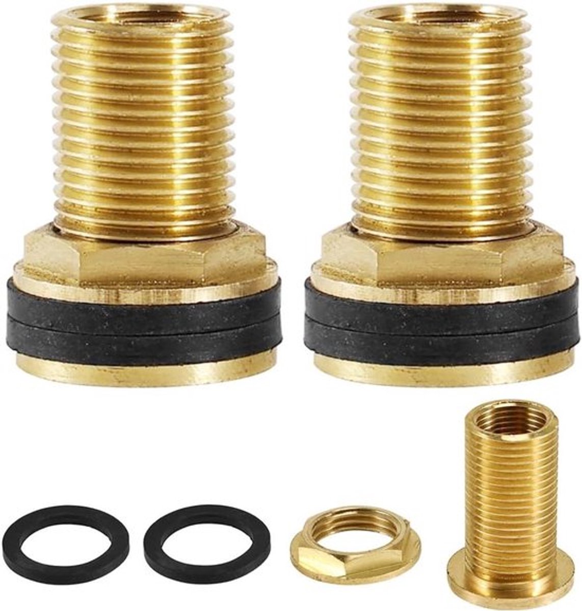 Tankschroefverbindingen set voor regentonnen en watertanks - messing, AG 1/2 inch x IG 3/8 inch - 2 stuks.