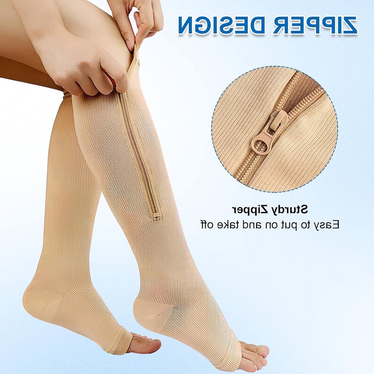 2 Pairs Zip Compressiekousen, Calf Height, Open Teen Steunkousen voor Varices, Oedeem, Herstel en Zwangerschap
