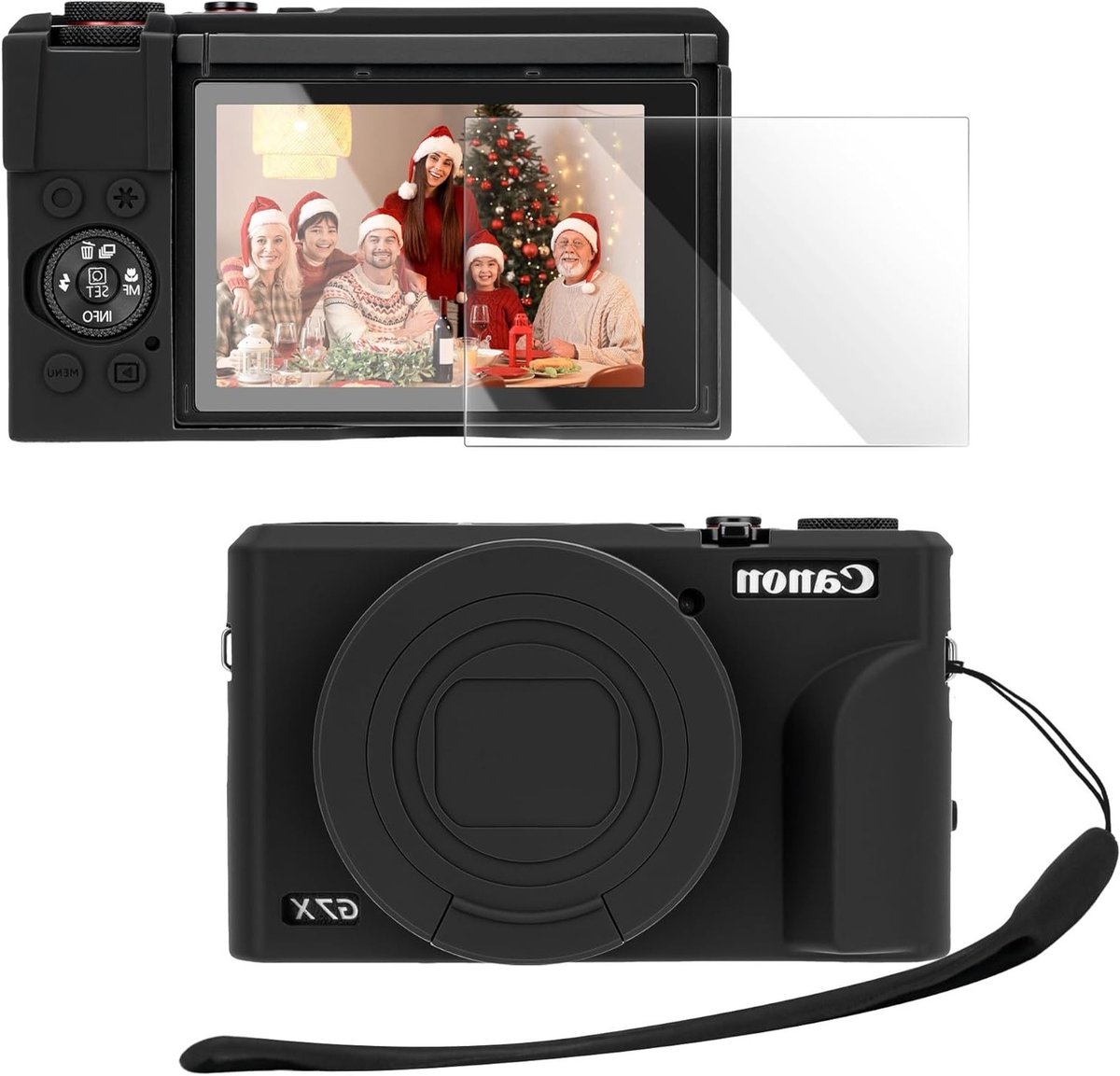 Siliconen hoesje voor PowerShot G7X Mark III - Beschermende cover met glazen screenprotector en polsband, zwart, slim fit accessoires voor camera's