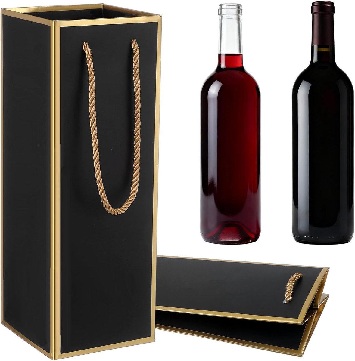 SnelShoppen - 2 Stuks Wijn Cadeautassen Zwart - Papieren Flessentassen met Handvat - 10 x 10 x 28 cm - Luxe Verpakking voor Kerst, Bruiloft en Feestje