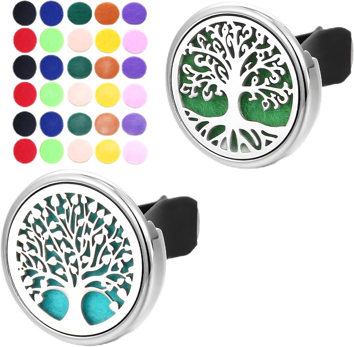 Aromatherapie Diffusor Set van 2 - Edelstalen Luchtverfrisser met Boom des Levens en 30 Filz Pads voor Auto, Kantoor en Thuisgebruik