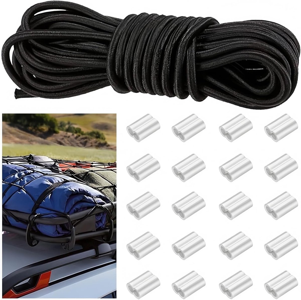 Ronde Rubber Koord 6 mm x 10 m, Elastisch Tension Strap met 20 Aluminium Klemmen voor Tent en Trailergebruik, Ideaal voor Zeil en Verankering