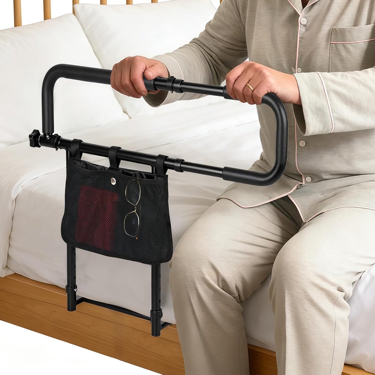 SnelShoppen - Senior Stand Up Aid Bed Rail - Verstelbare Hoogte, Vouwbaar, Valbescherming, Retractable Handgreep met Opbergtas voor Senioren
