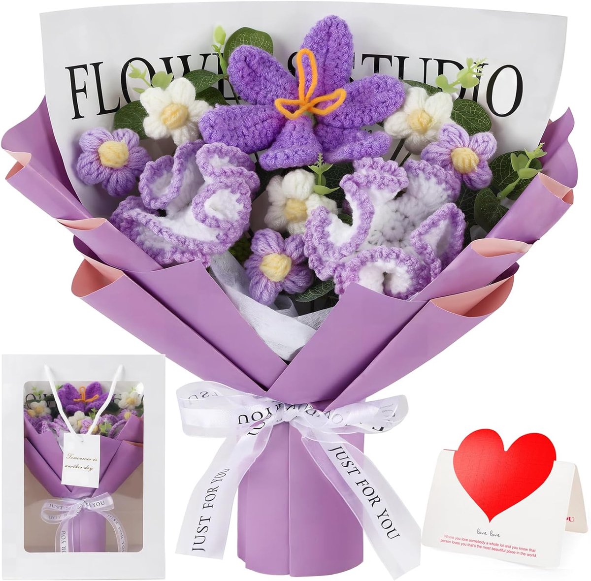 SnelShoppen - Gehaakte Bloemenboeket met Anjer, Tulp en Delicate Bloemen, Kunstbloemen voor Moederdag, Verjaardag, Jubileum en Woondecoratie