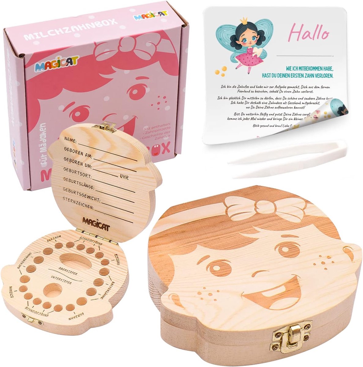 SnelShoppen - Magicat Premium Baby Tanddoos voor Meisjes, Houten Tandopbergdoos, Melktanddoos inclusief Pincet en Tandfee Verhaal, Perfect voor Verjaa