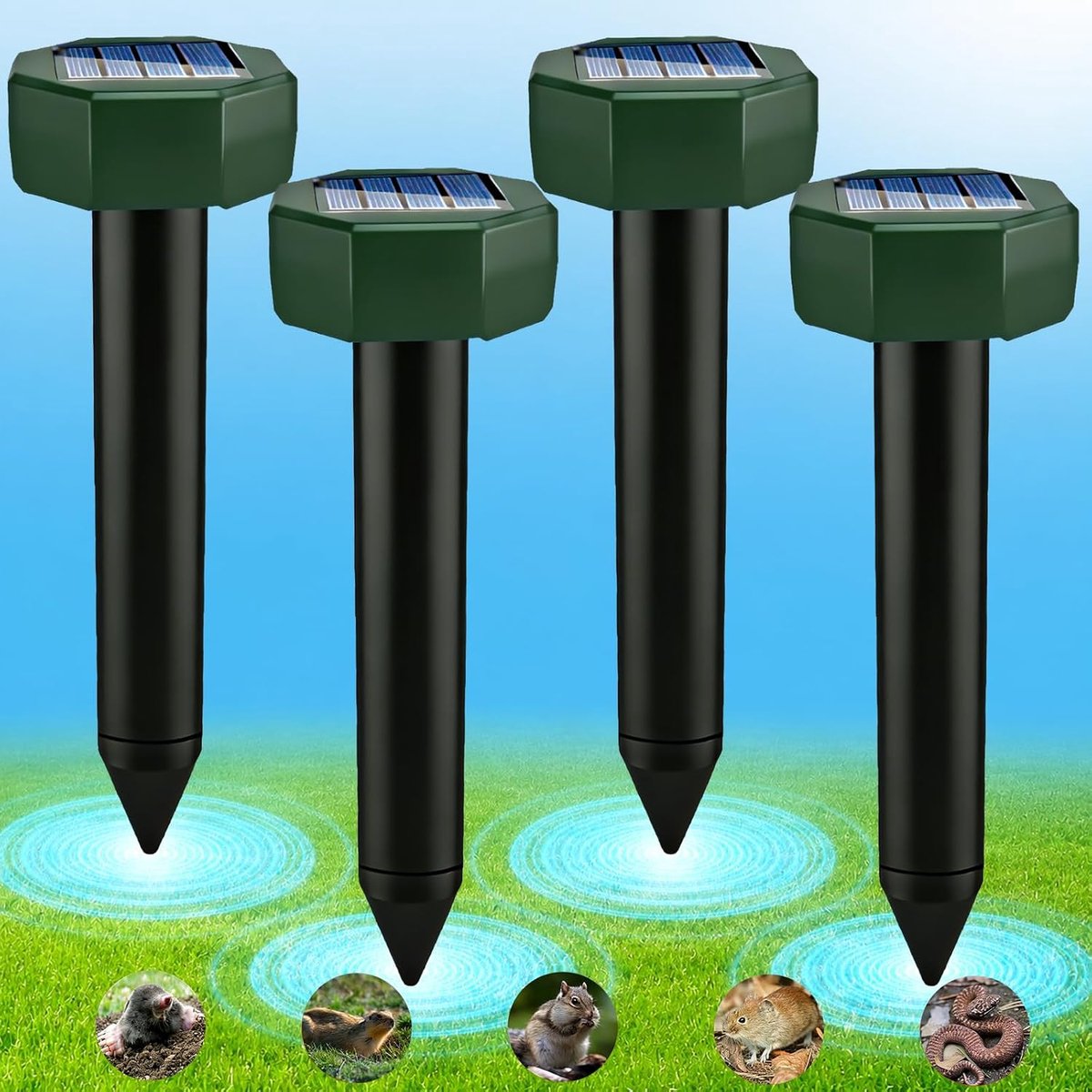 SnelShoppen - Ultrasone Mollenverjager 4 Stuks, Solar, Waterdicht, Corrosiebestendig, Verdrijft Mollen, Woelmuizen, Slangen en Hagedissen, Tuin Besche