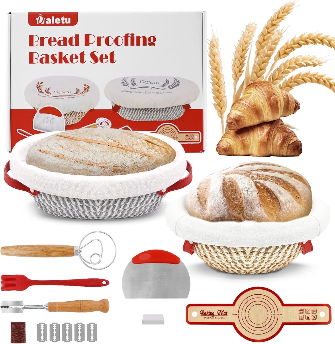 SnelShoppen - Sourdough Starter Set met Ronde en Ovale Rijsmand van Katoen, 23 cm en 25 cm, Inclusief Binnenvoering, Broodmaker Gereedschap met Broodm