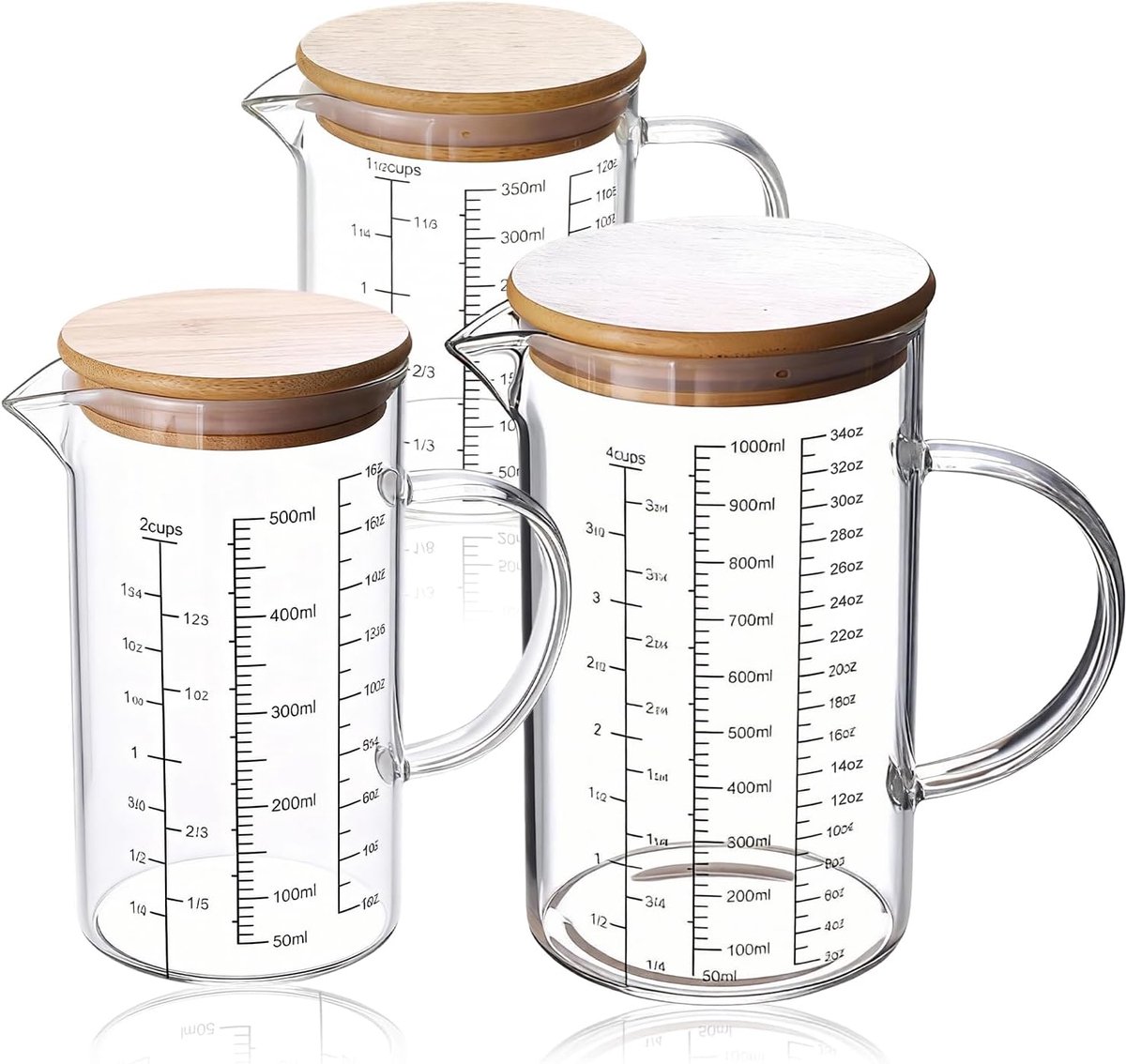 SnelShoppen - Set van 3 Meetbekers van Glas, 350ml + 500ml + 1000ml, Nauwkeurige Schaal, Bamboe Deksel en Handvat, Hittebestendig Borosilicaatglas voo