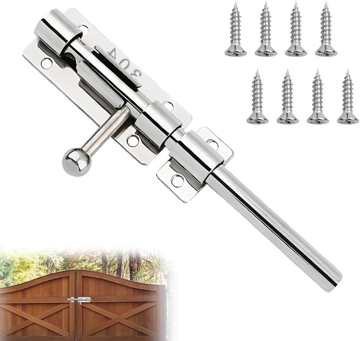 SnelShoppen - Bolzenriegel 304 RVS Deurslot met Gat en 8 Stuks Schroeven - Versterkt Deurslot voor Thuis, Tuin, Poort, Hek, 16cm