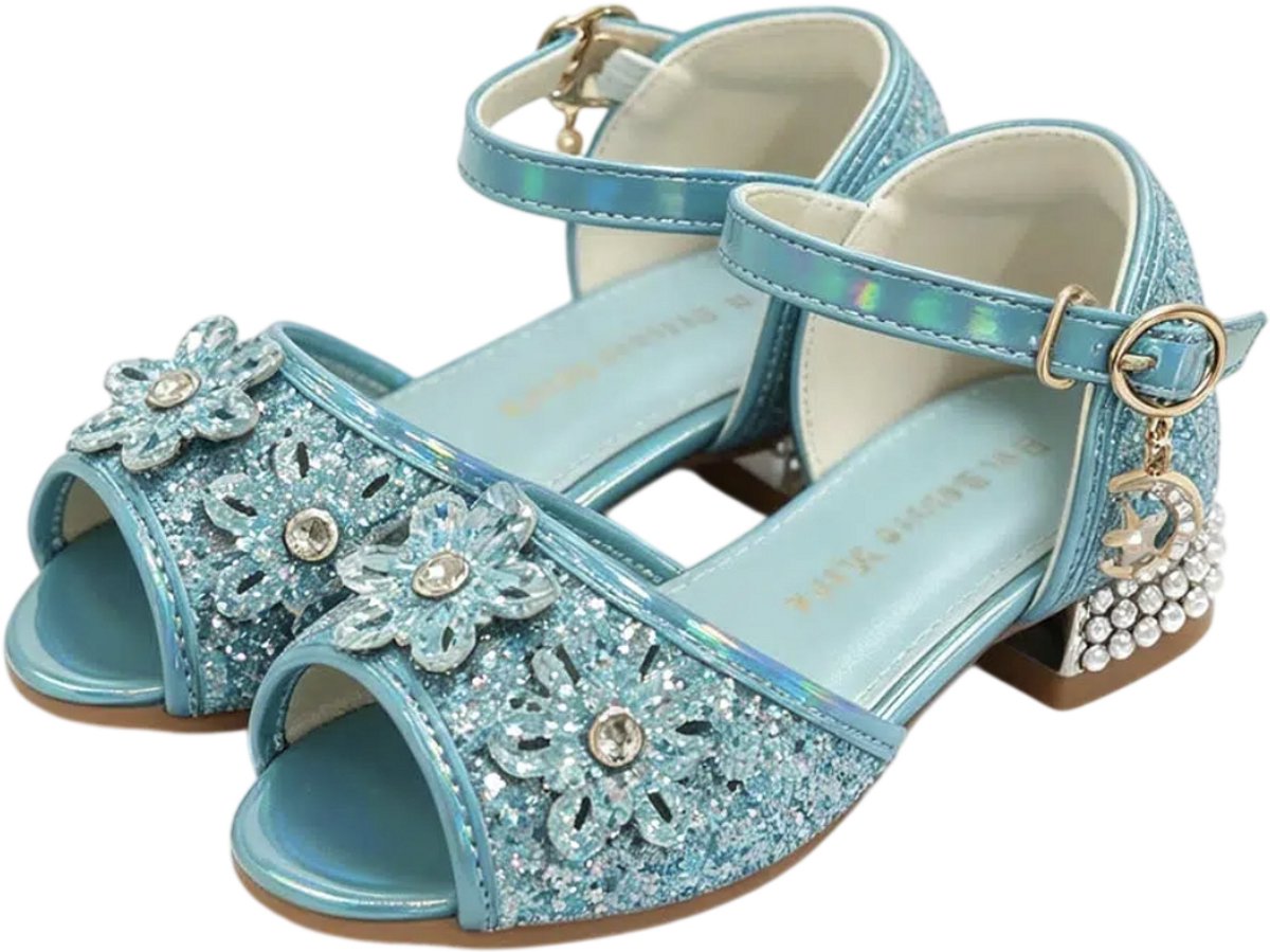 Prinsessen schoenen - met hakje - voor bij je prinsessenjurk - inclusief toverstaf, prinsessen kroon - maat 26 - blauwe prinsessen schoenen plastic