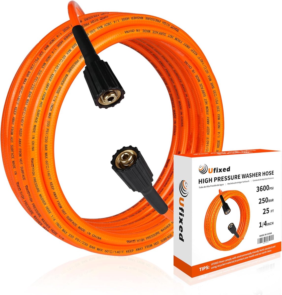 SnelShoppen - 1/4 High Pressure Washer Hose 7.6m Kinkproof 3600 PSI Oranje-Rood Lichtgewicht Met Messing Aansluitingen Voor Tuin & Schoonmaak