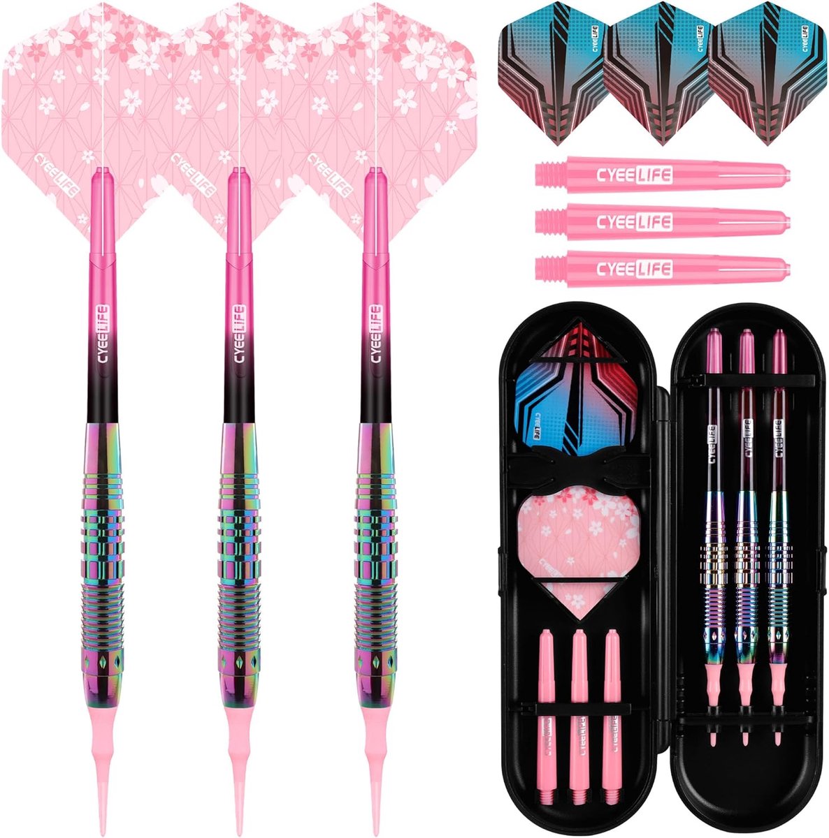 SnelShoppen - CyeeLife Dart Darts Set - 3 Professionele Soft Darts met Plastic Tip, Compleet met 6 Schachten, 6 Vleugels en 1 Opbergtas voor Elektroni