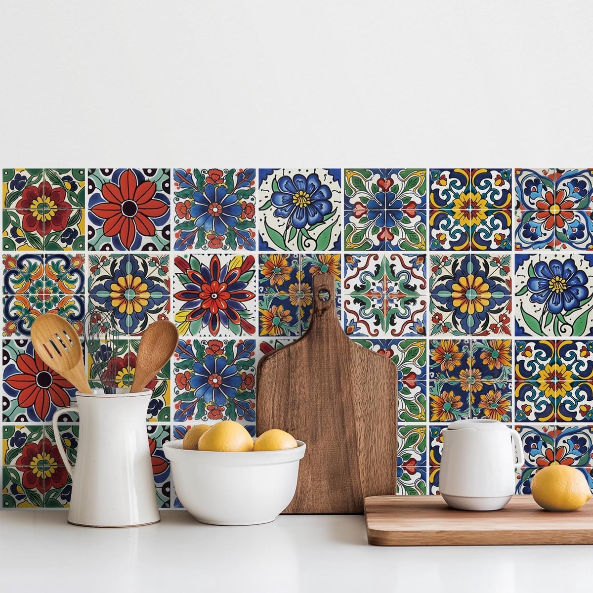 SnelShoppen - 30 Stuks Mediterrane Tegel Stickers - 10x10 cm - Waterdicht Vinyl - Peel en Stick - Decoratie voor Keuken en Badkamer - Kleurvolle Wandd