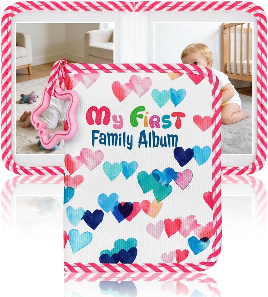 SnelShoppen - Baby Fotoalbum 17 Foto's 16.5x11.5 cm, Soft Fabric Album 'Mijn Eerste Jaar' met Spiegel, Kleurrijk Hart, Baby Keepsake voor Kinderen