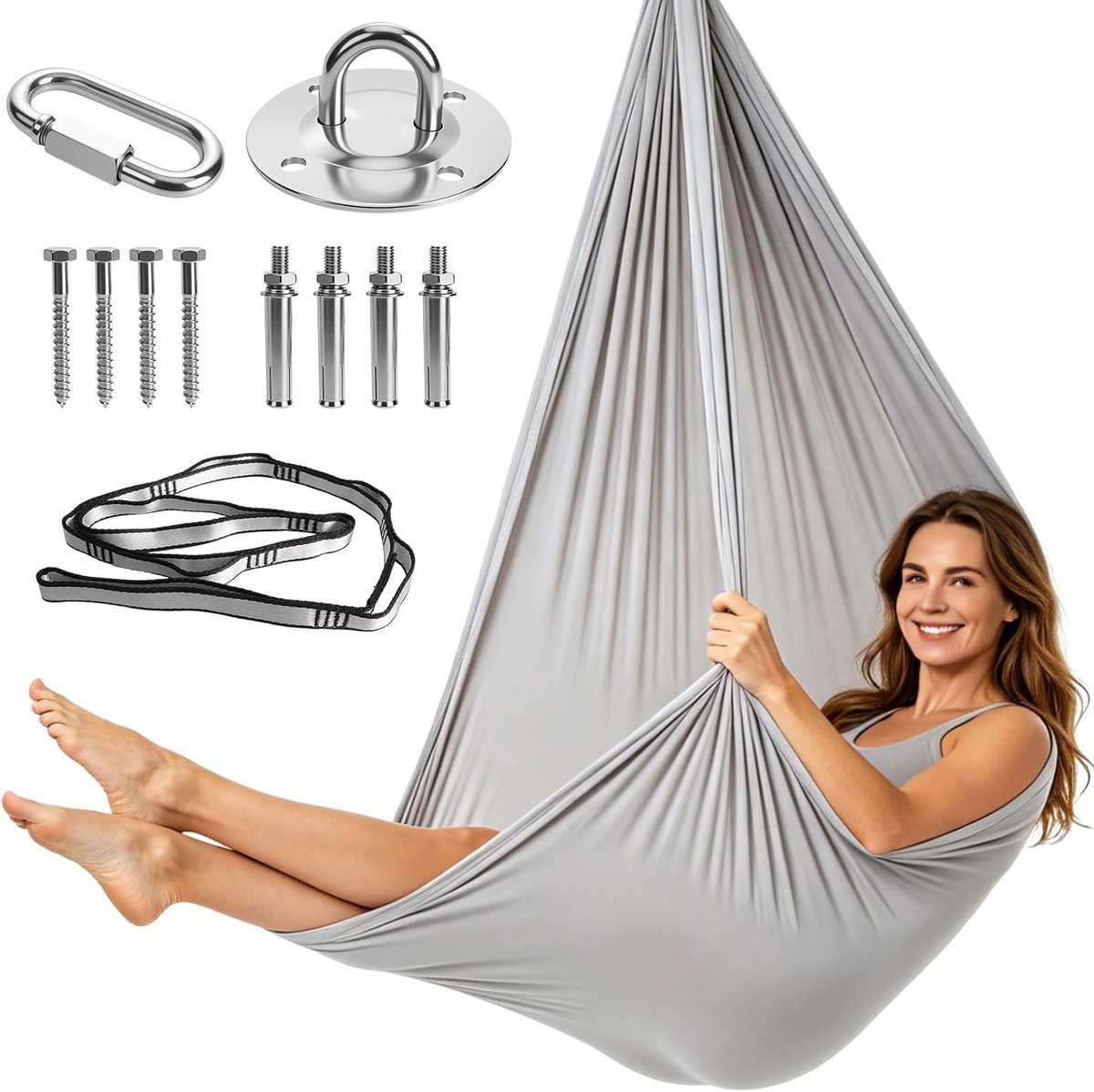 Hangmatset voor binnen en buiten, 200 kg draagvermogen, inclusief verlengriem, karabijnhaak en accessoires, ideaal voor ontspanning en comfort (grijs, 150 x 280 cm)