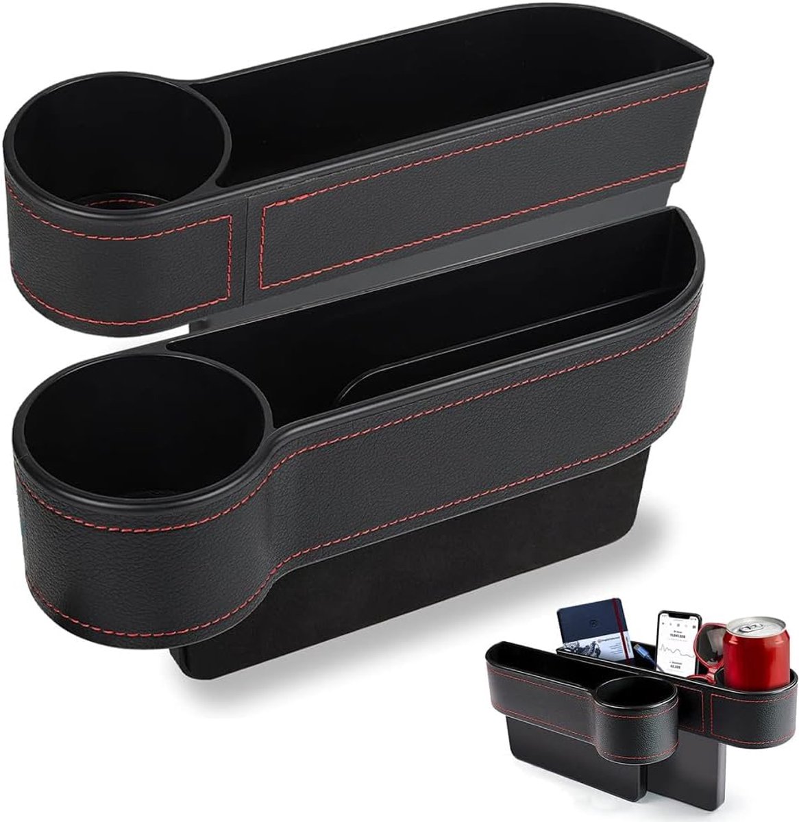SnelShoppen - 2Pcs Auto Stoel Gap Organizer - PU Leer Auto Organizer Voor Voorstoel - Inclusief Drinkbeker Houder - 27x8x14.5cm - Voor Portemonnee, Mo