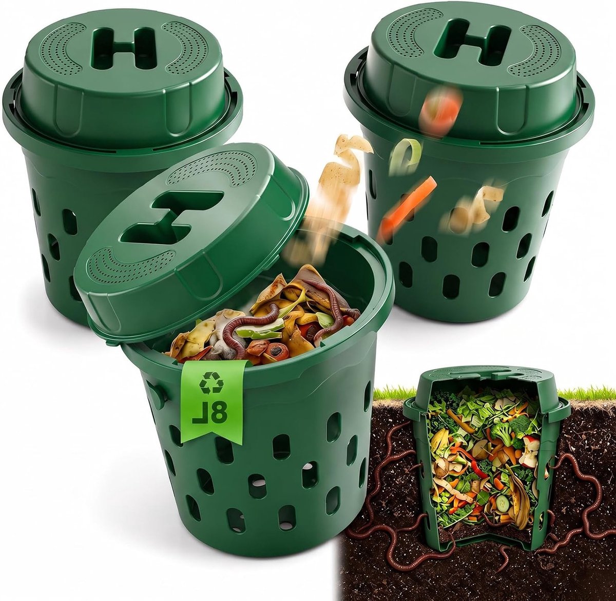 Ondergrondse compostbak voor tuin, 8 liter, met deksel en ventilatiegaten voor optimale compostering, ideaal voor plantenbodemverbetering en verhoogde bedden