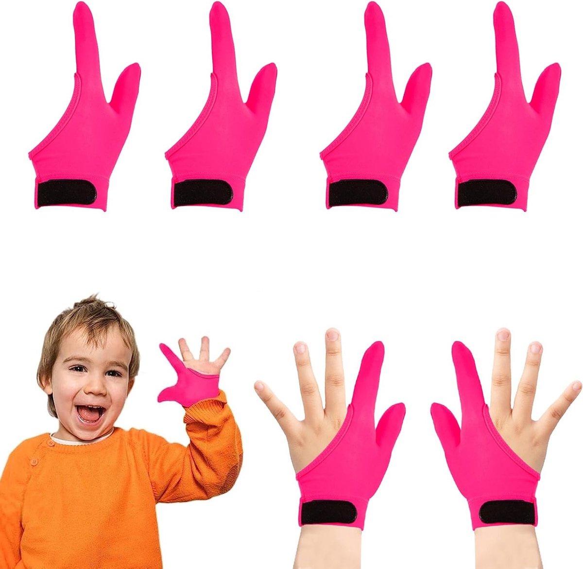 Set van 4 compressiehandschoenen voor kinderen om duimzuigen en vingerbijten te stoppen, geschikt voor 5-13 jaar, helpt bij gedragsverandering en orale fixatie.