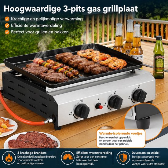Seth Select Gasbarbecue 3 Branders - Draagbare Tafelgrill met Grill-, Bak- en Kookfunctie voor Camping, Picknick, Balkon, Tuin en BBQ — afbeelding 2