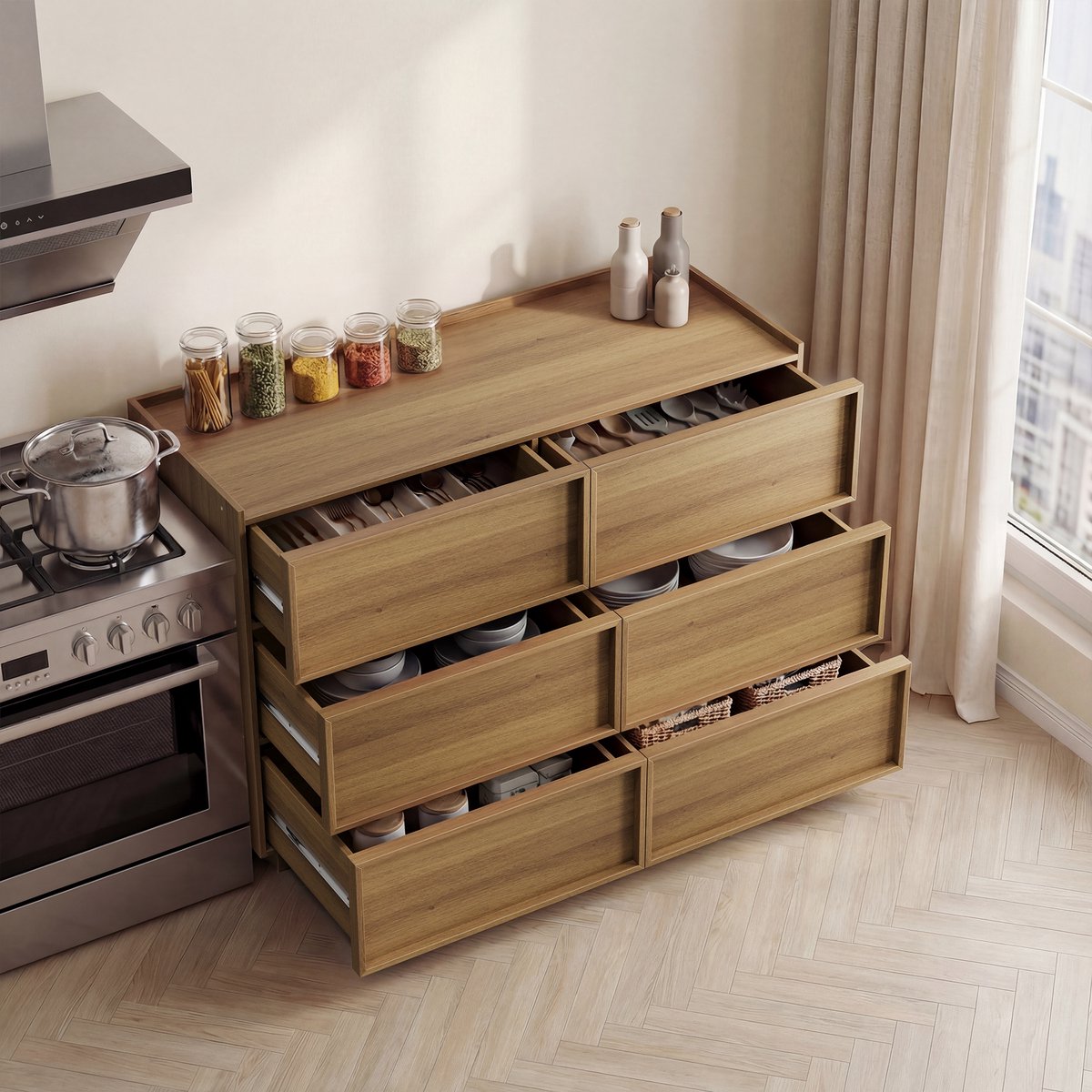 MODENUIT Ladekast - 6 Lades - Eiken Kleur - 115 x 48 x 78 Cm - MDF En Spaanplaat - Woonkamer Slaapkamer