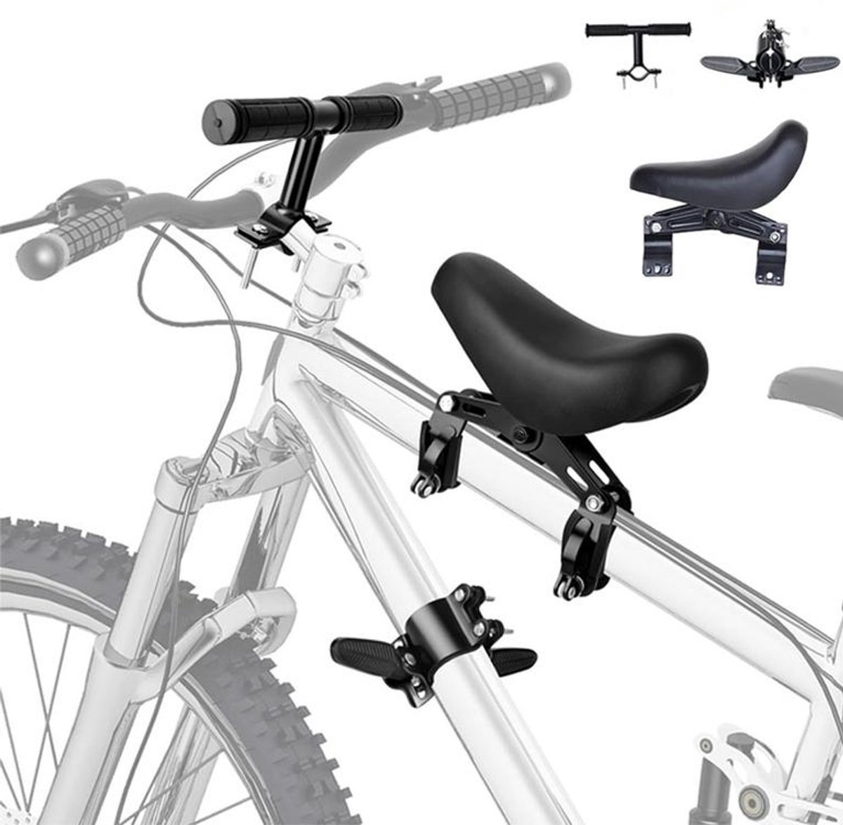 KZQ Kinderfietszitje voor montage voorop - Inclusief stuur en pedalen - Inclusief accessoires - Geschikt voor mountainbikes en stadsfietsen - Zwart