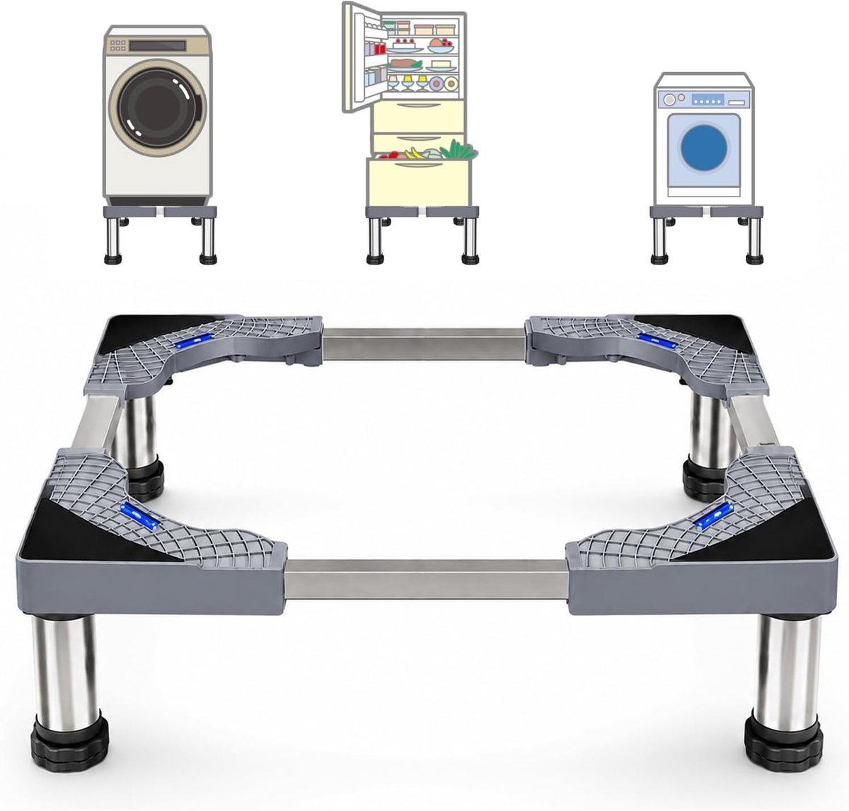 Verstelbare Wasmachine Stand met 4 Poten, Hoogte 13-16 cm, Geschikt voor Wasmachines, Droogtrommels en Koelkasten, Basis voor Keukenapparatuur, 43-62 cm