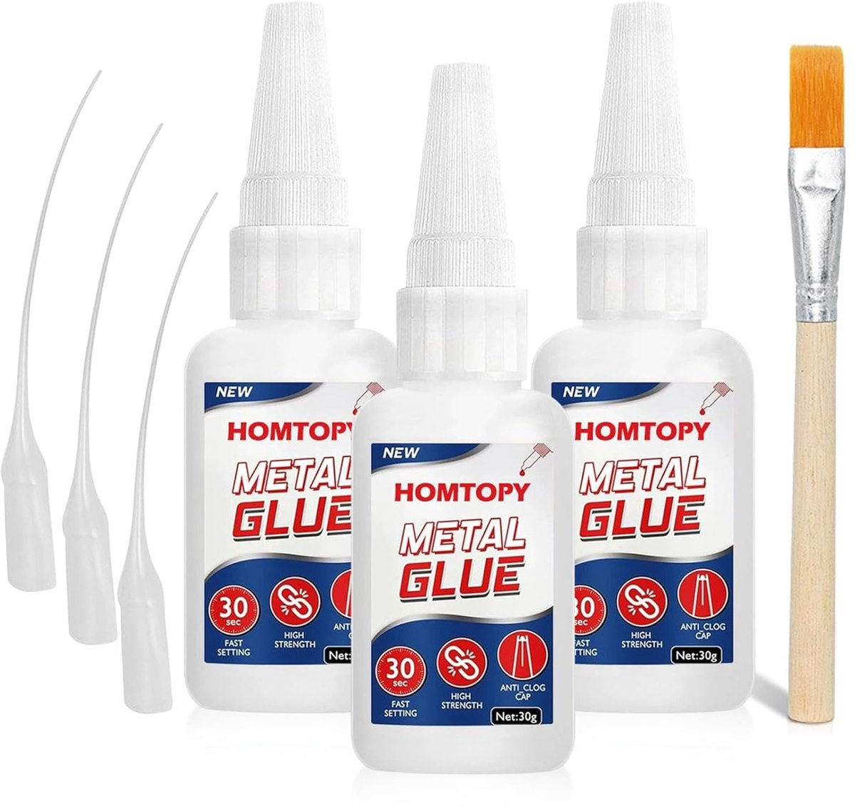SnelShoppen - 3 Stuks Extra Sterke Secondelijm, Waterbestendig, Hittebestendig, Sneldrogend, Vloeibaar met Anti-Verstoppingskap, 30g, Inclusief Kwast