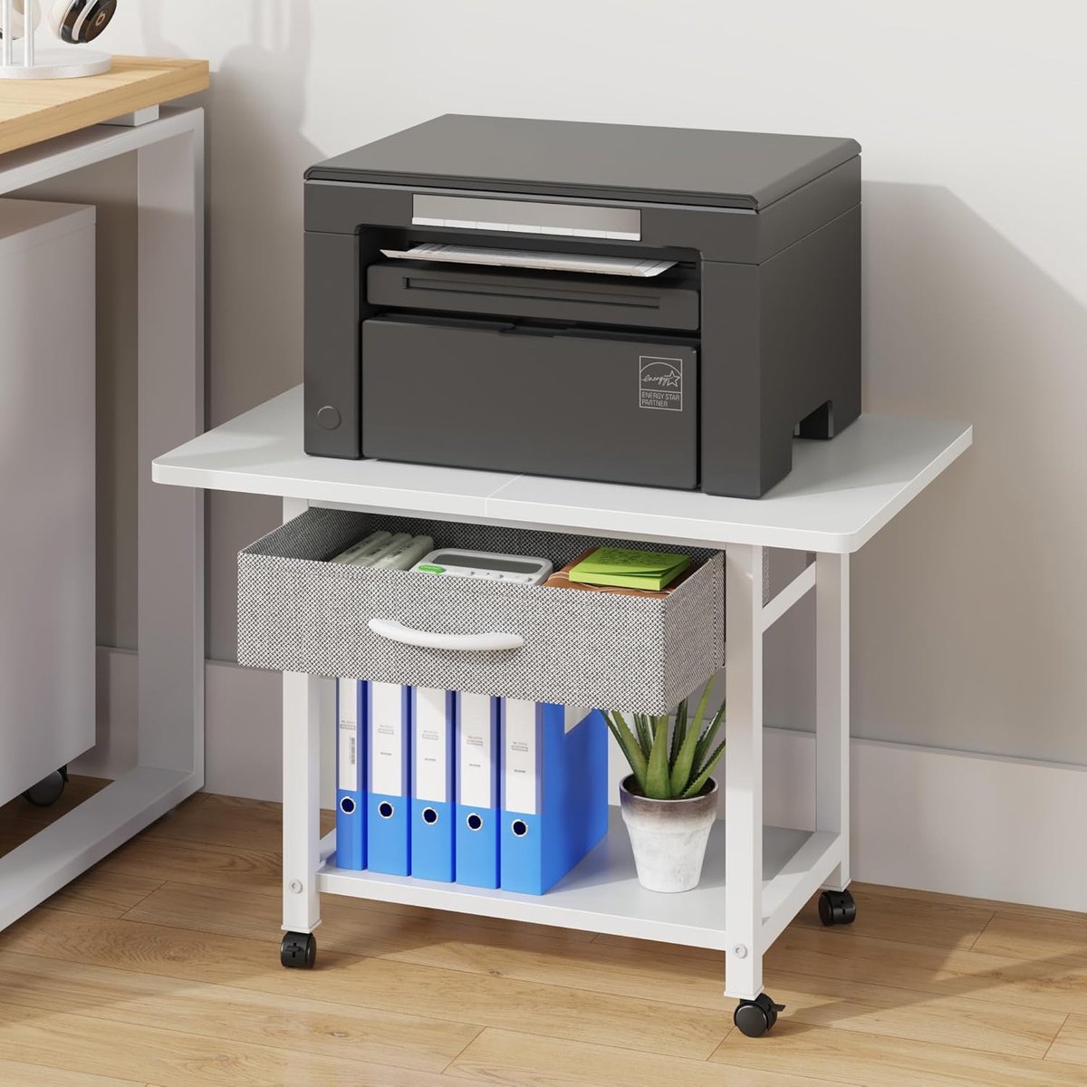 SnelShoppen - 2 Laags Printerkast met Wielen en Stoffen Lade, 56x38cm, Rollende Desk Organizer voor Fax/3D Printer/Scanner, Thuiswerkplek, Wit
