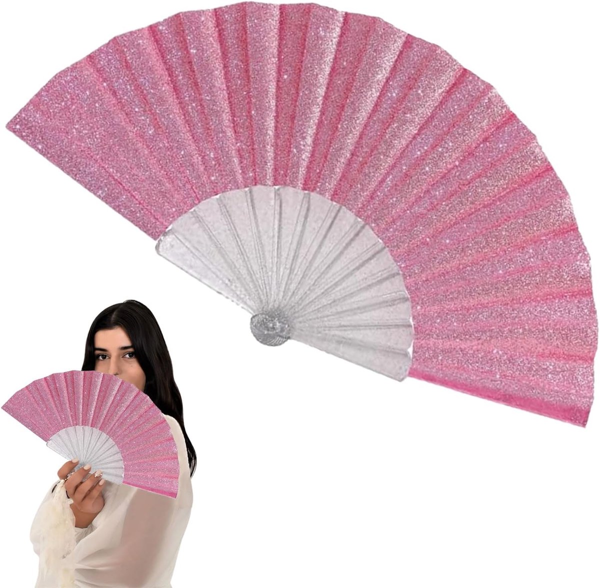SnelShoppen - Glitterende Hand Fan voor Vrouwen - Grote Opvouwbare Handventilator - Shiny Transparante Fanstang - Perfect voor Bruiloft, Feest, Dans,
