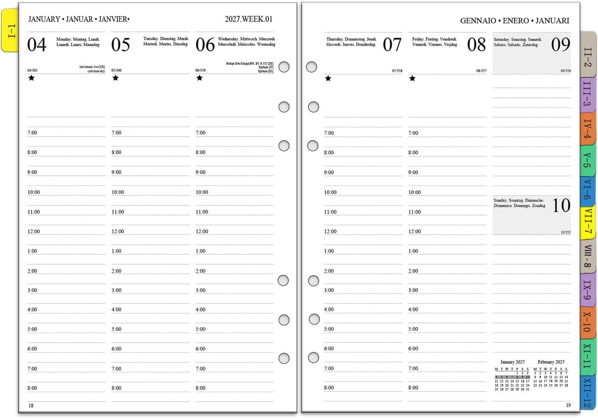 SnelShoppen - Refill Pack A5 Weekplanner 2027, Multilingual, Verticaal, 7:00-20:00, Kleurrijke Maandkaarten, Notities & Contacten, 100g Papier, 6 Gate