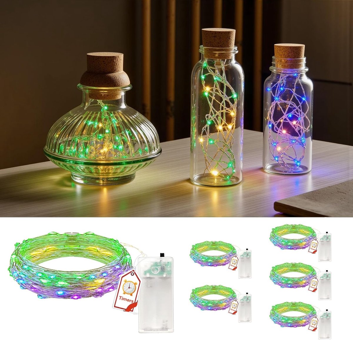SnelShoppen - Pack van 6 LED Fairy Lights met Timer, 2 m, 20 Multi-kleurige LED Lichten, Batterij Aangedreven, Ideaal voor Sfeervolle Decoratie in Hui