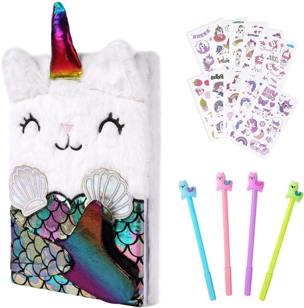 SnelShoppen - Plush Notitieboek Set voor Meisjes, Zeemeermin Kroon Notitieboek, Pluche Dagboek met 10 Tattoo Stickers en 4 Gelpennen, Creatief Schrijf